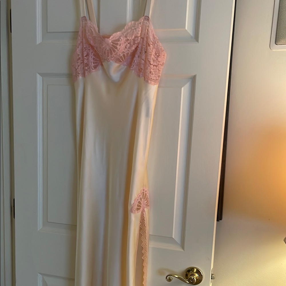 Neiman Marcus Pink and Cream silk Nightgown with pink lace butterflies